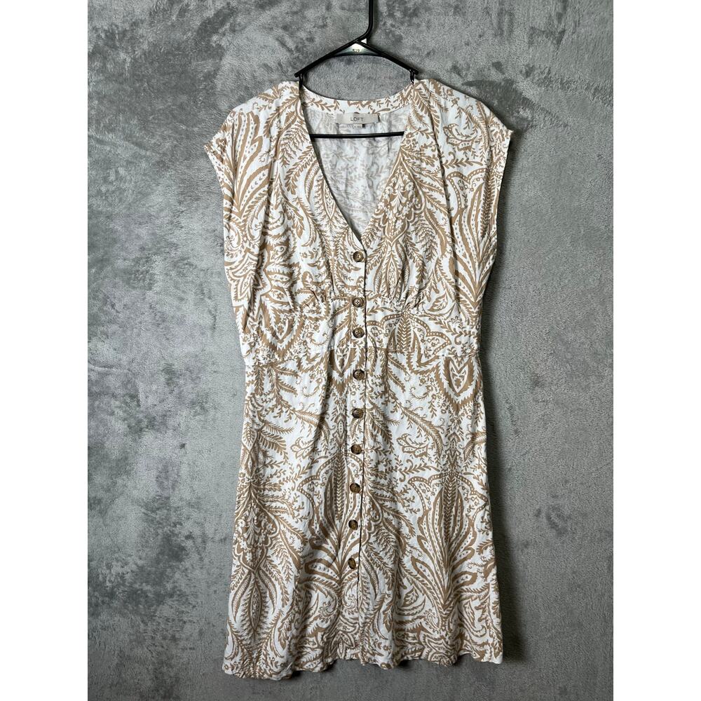 LOFT Linen Blend Beige Paisley Button Front Dress V Neck Summer Cottagecore 8
